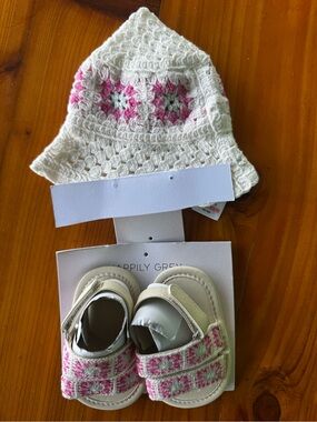 Happily Grey Cream & Pink Crochet Baby Hat and Sandal Set